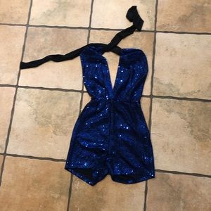 Blue sequence halter top romper